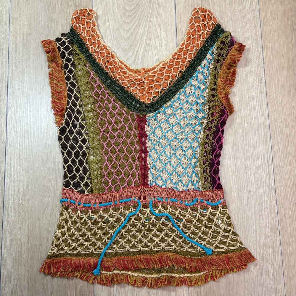 Anti-Flirt Paris Tricot Y2K Multi Color Open Knit Fringe Sleeveless Top Size 2